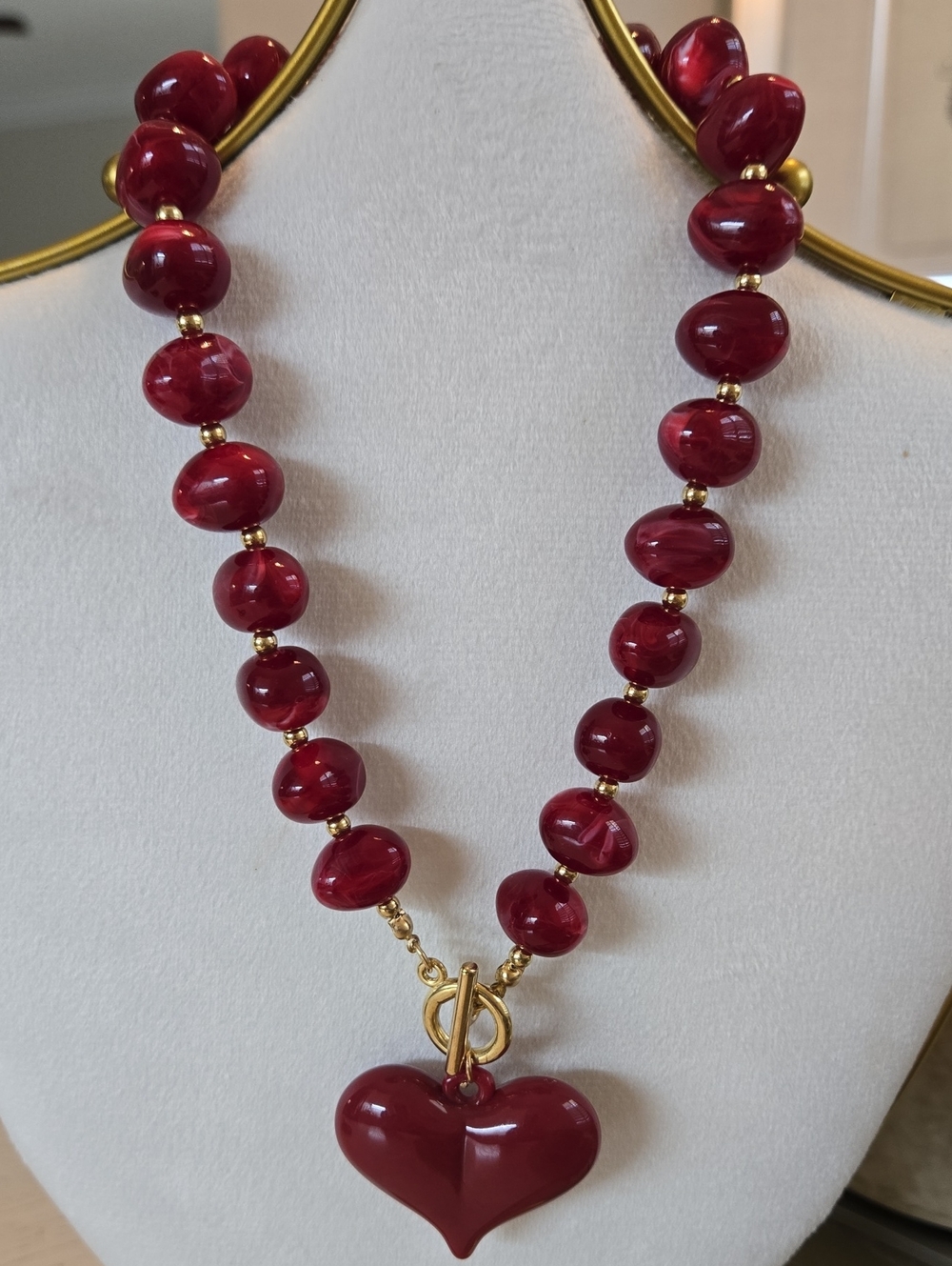 Puffed Heart Burgundy Wine Bohemian Glass Beads Large Chunky Chain Gold Accents